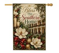 Drapeau de maison de Noël avec citation « Bless This Southern Home » - 71,1 | Fleurs de magnolia, drapeau de pelouse, manoir du sud, décoration d'hiver aux chandelles, ruban de vacances rouge