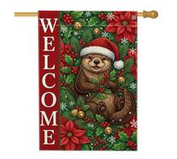 Drapeau de maison de Noël avec citation de loutre de vacances 71 x 101,6 cm | Chapeau de Père Noël, drapeau de pelouse, baies de houx, branches de pin, fleurs de poinsettia, décoration de jardin d'hiver