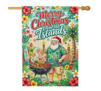 Drapeau de maison de Noël avec citation du Père Noël tropical 71 x 101 cm | Thème tropical, drapeau de pelouse, fleurs d'hibiscus, palmier, torches Tiki, barbecue grill, style côtier