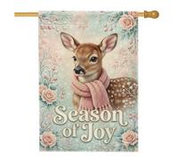 Drapeau de maison de Noël avec citation Winter Fawn Season Of Joy 71,1 x | Illustration bébé cerf, drapeau de cour, accents de rose d'hiver, salutation saisonnière festive, palette de couleurs pastel
