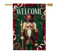 Drapeau de maison de Noël Casse-noisette 71 x 101 cm | accents de pommes de pin, drapeau de cour, bordure de ruban festif, personnage de soldat traditionnel