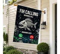 Drapeau de maison de poisson avec citation d'appel entrant - 71,1 x 101,6 | Thème de pêche humoristique, drapeau de cour, interface numérique nautique, matériau durable semblable au lin