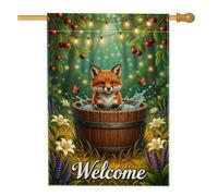 Drapeau de maison de renards, tonneau nature fantaisie, papillon, toile de jute verte d'été, drapeaux décoratifs double face pour porche, extérieur, pelouse, cour, patio, entrée 71 x 101,6 cm