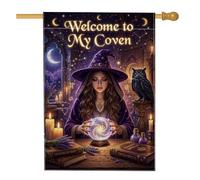 Drapeau de maison de sorcière, boule de cristal enchanteur mystique hibou Halloween violet toile de jute double face décorative pour extérieur, pelouse, cour, patio, entrée 71,1 x 101,6 cm