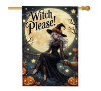 Drapeau de maison de sorcière, motif citrouilles festives fantaisie, balai, Halloween, noir, double face, en toile de jute pour extérieur, terrasse, pelouse, entrée, camping 71,1 x 101,6 cm
