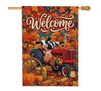 Drapeau de maison de tracteur avec citation de bienvenue de ferme d'automne | Thème ferme, drapeau de cour, décoration de citrouilles, grange rustique, saison des récoltes, style de vie campagnard