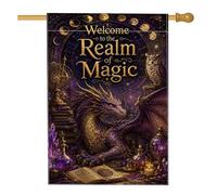 Drapeau de maison Dragon - Chouette mystique - Livres fantastiques - Violet - Toile de jute - Double face - Décoration extérieure - Pour extérieur, terrasse, pelouse, entrée, camping - 71 x 101 cm