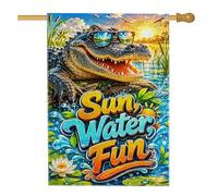 Drapeau de maison en forme d'alligator, eau tropicale, soleil, été, bleu, double face, en toile de jute décorative pour extérieur, cour, pelouse, terrasse, porte, entrée, 71,1 x 101,6 cm