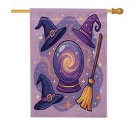 Drapeau de maison en forme de boule de cristal, chapeau de sorcière festif fantaisie, balai, toile de jute violette double face pour extérieur, terrasse, cour, pelouse, entrée, balcon, 71 x 101 cm