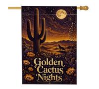 Drapeau de maison en forme de cactus, désert, nuit, loup, automne, toile de jute dorée double face pour extérieur, pelouse, cour, patio, entrée 71,1 x 101,6 cm
