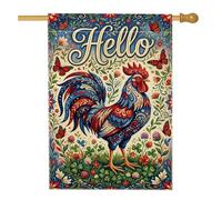 Drapeau de maison en forme de coq, art coloré, papillon, fleur, printemps, toile de jute rouge, double face, drapeaux décoratifs pour porche, extérieur, terrasse, pelouse, entrée, camping, 71,1 x
