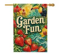 Drapeau de maison en forme de fraise, orchidée toucan tropicale vive en toile de jute verte d'été double face pour extérieur, terrasse, pelouse, entrée, camping, 71,1 x 101,6 cm