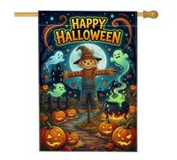 Drapeau de maison épouvantail Happy Halloween citrouilles 71 x 101 cm