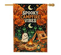 Drapeau de maison fantôme, tente de feu de camp fantaisiste et ludique en toile de jute orange double face pour porche avant, drapeaux décoratifs pour extérieur, cour, pelouse, patio, porte, entrée