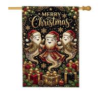 Drapeau de maison fantômes de Noël imprimé léopard 71,1 x 101,6 cm | Détails imprimés léopard, drapeau de pelouse, chapeaux de Père Noël, boîtes cadeaux, flocons de neige dorés