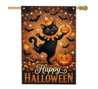 Drapeau de maison Happy Halloween Cat Party 71,1 x 101,6 cm | Jack-o'-lanternes, drapeau de cour, chauves-souris volantes, guirlande lumineuse, feuillage d'automne, illustration fantaisie