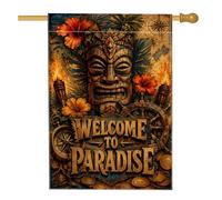 Drapeau de maison hibiscus, boussole tropicale vintage, lampe torche Tiki en toile de jute orange double face pour extérieur, pelouse, cour, patio, entrée 71 x 101,6 cm