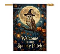 Drapeau de maison hibou, lanterne fantaisie saisonnière citrouilles d'Halloween double face en toile de jute décorative pour extérieur, cour, pelouse, patio, porte, entrée, 71 x 101,6 cm