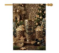 Drapeau de maison imprimé léopard avec citation de Noël 71,1 x 101,6 cm | Ornements dorés, drapeau de cour, branches de pin, tasses à crème fouettée, panneau de cour saisonnier, motif animal chic