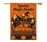 Drapeau de maison Jack-o'-lanterns avec citation magique effrayante | Wagon en bois, drapeau de pelouse, fantômes flottants, torche magique, feuilles d'automne, fond étoilé