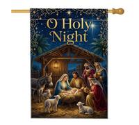 Drapeau de maison O Holy Night Scène religieuse de Noël 71 x 101 cm | Accents en filigrane doré, drapeau de pelouse, horizon nocturne étoilée, image religieuse traditionnelle
