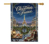 Drapeau de maison Paris Tour de Noël 71 x 101 cm | Paysage urbain de Paris, drapeau de pelouse, scène de balcon d'hiver, couverture à carreaux, couronne de vacances, lanterne