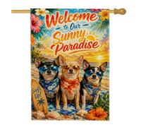 Drapeau de maison pour chiens, lunettes de soleil d'été tropicales, fleurs d'été bleues double face, en toile de jute décorative pour extérieur, terrasse, pelouse, entrée, camping, 71,1 x 101,6 cm