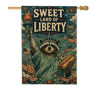 Drapeau de maison raton laveur, statue patriotique vintage de la liberté, hot-dog du 4 juillet bleu en toile de jute double face décorative pour extérieur, terrasse, cour, pelouse, entrée, balcon, 71