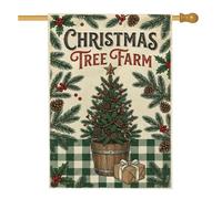 Drapeau de maison rustique sur le thème de l'arbre de Noël et de la ferme | Seau en bois rustique, drapeau de cour, pommes de pin, feuilles de houx, fond à motif vichy, décoration extérieure