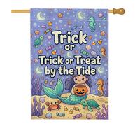 Drapeau de maison sirène Halloween sur le thème de l'océan 71,1 x 101,6 cm | Jack-o'-lantern, drapeau de pelouse, tortue de mer, hippocampes, maïs sucré, thème côtier, illustration fantaisiste