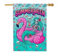 Drapeau de maison squelette, oiseau tropical fantaisiste et ludique sirène d'été pêche en toile de jute double face pour porche, extérieur, cour, pelouse, patio, porte, entrée, 71 x 101,6 cm