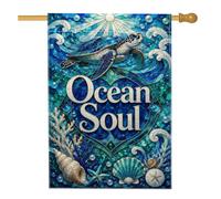 Drapeau de maison tortue - Coquille côtière - Corail - Bleu été - Double face en toile de jute - Pour extérieur, terrasse, pelouse, entrée, camping - 71 x 101 cm