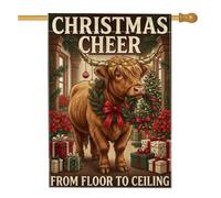 Drapeau de maison Vache Highland Citation de Noël 71 x 101 cm | Vache des Highlands, drapeau de pelouse, couronne festive, boîtes cadeaux enveloppées, fleurs de poinsettia