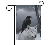 Drapeau décoratif de jardin en forme de corbeau et de loup blanc, 30,5 x 45,7 cm, double face, lavable pour extérieur, porche, ferme, bannière saisonnière pour cour et terrasse, décorations de