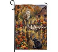 Drapeau d'Halloween avec citation chouette et chat 30,5 x 45,7 cm | Chat, drapeau de cour, bâton à balai, citrouilles, chrysanthèmes, clôture en bois rustique, feuillage d'automne, style ferme