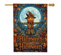 Drapeau d'Halloween citrouilles épouvantail lune 71,1 x 101,6 cm | Toile de fond pleine lune, drapeau de pelouse, feuilles d'automne, chapeau de sorcière, décoration de saison des récoltes