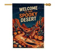 Drapeau d'Halloween effrayant pour maison avec citation d'oiseau du désert | Paysage du désert, drapeau de pelouse, lanternes jack-o'-lanternes, nuit étoilée, guirlande lumineuse