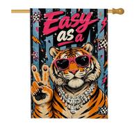 Drapeau maison tigre, collier de lunettes de soleil rétro pop art rétro en toile de jute orange double face extérieur grand drapeau de jardin pour extérieur, pelouse, cour, patio, entrée 71,1 x 101,6