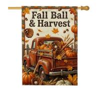Drapeau vintage avec citation de la récolte de baseball 71 x 101 cm | Camion vintage, drapeau de cour, citrouilles, gant de baseball, tiges de blé, feuilles d'automne, style ferme, thème sportif