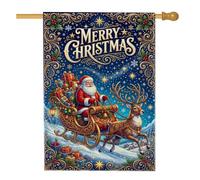 Drapeau vintage Père Noël traîneau Citation de Noël Maison de Noël 71 x | Traîneau de renne, drapeau de pelouse, boîtes cadeaux, filigrane doré complexe, paysage d'hiver, affichage extérieur de cour