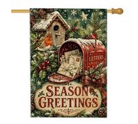 Drapeau vintage pour boîte aux lettres 71 x 101 cm | rouge-gorge d'hiver, drapeau de pelouse, nichoir, baies de houx, texte de vœux saisonnier, esthétique vintage