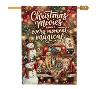 Drapeau vintage pour maison de camion sur le thème de la nuit de Noël 71 x | Golden Retriever, drapeau de cour, chat tigré, bonhommes de neige, seau à popcorn, guirlande lumineuse