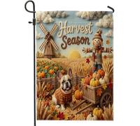 Drapeaux de jardin à motif bouledogue français d'automne 30,5 x 45,7 cm double face pour extérieur, motif récolte de ferme d'automne en toile standard, drapeau de maison, épouvantail, drapeau de
