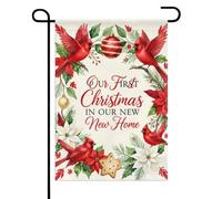 Drapeaux De Jardin Notre Premier Noël Dans Notre Nouvelle Maison Poinsettia Oiseau Cardinal Toutes Les Saisons Pelouse Drapeaux Premium Drapeau Extérieur Pour Ferme Balcon Fête 30X45Cm