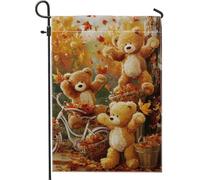 Drapeaux De Jardin Ours En Peluche Beige Mignon, Motif Feuilles D'Automne Toutes Les Saisons Bannière Extérieure Coupe-Vent Et Étancheune Treer Drapeau Pour Célébrations Balcon Fête 30X45Cm
