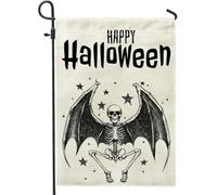 Drapeaux de jardin verticaux vintage en toile de jute avec squelette de chauve-souris pour Halloween, 30,5 x 45,7 cm, double face pour l'extérieur, tête de mort effrayante, petits drapeaux de pelouse