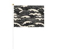 Drapeaux japonais en linogravure, motif vagues de mer Noir/blanc | Lot de 10 mini drapeaux sur bâton pour fête, activités d'équipe, défilés, décoration de vacances