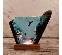 Drawelry 3D Océan Veilleuse Résine Epoxy Déco Ornements avec Bois Base Table Lampe Monde Sous-marin Plongeur Baleine Requin LED Lumières Décoration Fête des Pères Anniversaire Cadeaux (A13, S)