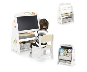 DREAMADE 4 en 1 Chevalet d'art pour Enfants 3+ Ans avec Tabouret, Tableau Effaçable à Sec Magnétique Double Face, Porte-Livre Multi Niveaux (Gris)