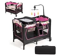 DREAMADE 4 en 1 Lit Parapluie Bébé 107x72x119 CM avec Table à Lange&Matelas Lit Cododo Tout-Petites 0-3 Ans avec Porte-Couche,Musicaux,Hauteur Réglable,Roues avec Freins,Jouets (Noir+Rose)
